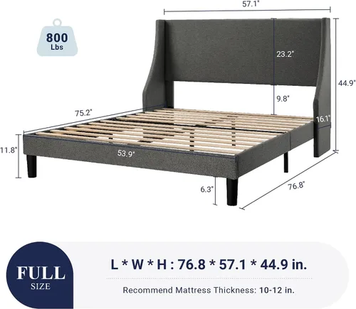 Miniatura 2 de Allewie Estructura de Cama de Plataforma Tamaño Full con Cabecera Tapizada – Diseño Moderno Deluxe con Respaldo Alado, Soporte de Listones de Gris