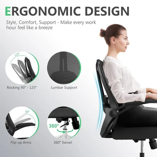 Miniatura 3 de Silla ergonómica de malla para computadora de oficina de 300 libras, silla de escritorio con ruedas de altura ajustable con reposabrazos abatibles
