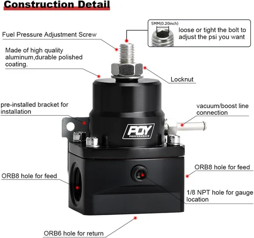 Miniatura 4 de Kit regulador de presión de combustible ajustable PQY 3-70 PSI con puerto de alimentación AN8 y puerto de retorno AN6 (negro)