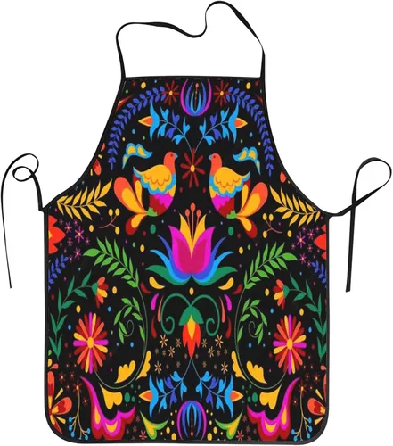 Colorido fondo mexicano con flores y pájaros delantales delantales de chef impermeable babero para mujeres hombres cocina cocina hornear barbacoa,