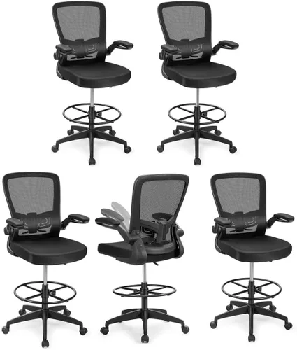 Miniatura 17 de Giantex Silla de dibujo, sillas de oficina con respaldo alto, con reposapiés, reposabrazos abatible, altura ajustable, silla de escritorio Negro