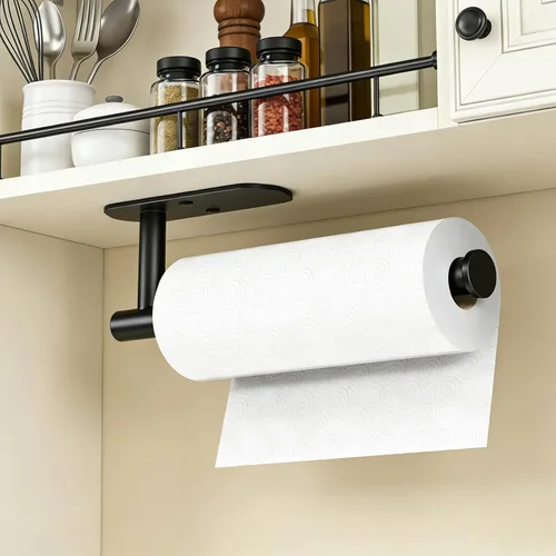 Miniatura 3 de HUFEEOH Soporte adhesivo para toallas de papel debajo del gabinete, soporte de pared para toalla de papel de cocina, toallero de papel de acero Negro
