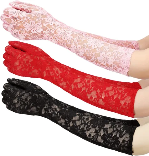 Boao 3 pares de guantes de encaje floral, guantes largos de encaje vintage hasta el codo para bodas, cenas, fiestas, 3 colores