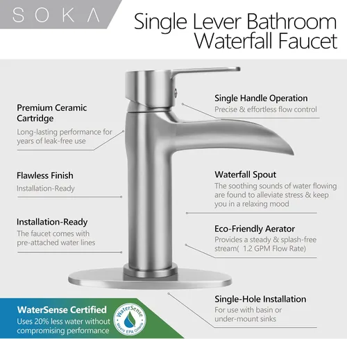 Miniatura 6 de SOKA - llave de baño en cascada, llave de fregadero de baño con un solo mango y un solo agujero para lavabo, llave de lavabo con desagüe emergente