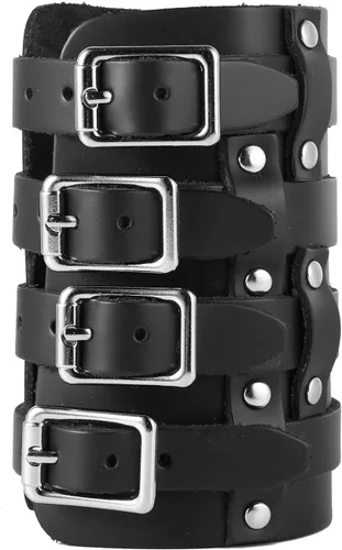 Miniatura 5 de HZMAN Brazalete ancho de cuero para hombre con correa triple y hebilla de cierre de armadura para brazo, 4 filas