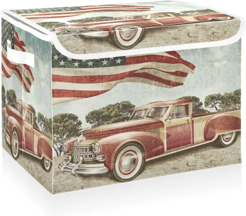 CaTaKu Grandes Canastas de Almacenamiento de Tela con Tapas, Cajas de Almacenamiento Rojas con Bandera Americana de Camiones con Asas para Organizar