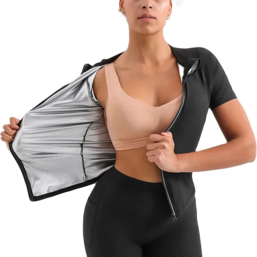 Miniatura 6 de Traje de sauna, chaqueta moldeadora de cuerpo de sudor caliente, entrenador de cintura, manga larga, con cremallera, camiseta de entrenamiento Negro