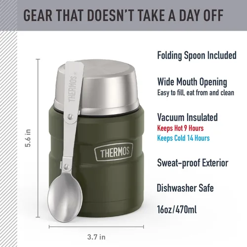 Miniatura 2 de THERMOS Stainless King Vacuum-Insulated Food Jar with Spoon, 16 Ounce, Matte Army Green