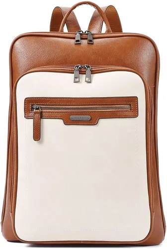 CLUCI Mochila de cuero para computadora portátil de 15.6 pulgadas para mujer, mochila grande de viaje para negocios, trabajo, color blanco roto con