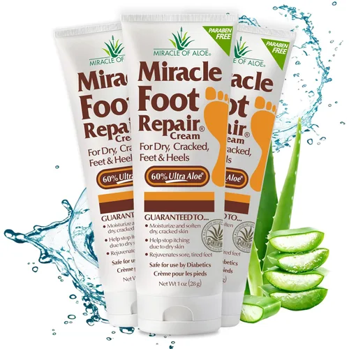 Miracle Foot Repair Cream, (1 onza/3 unidades) repara talones y pies secos agrietados, 60% ultraaloe puro hidrata, suaviza y repara