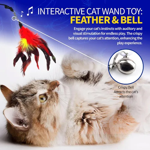 Miniatura 5 de Pet Fit For Life Juguetes de varita de plumas para gatos, juguete interactivo para mascotas de interior, 2 accesorios de plumas, promueve la salud