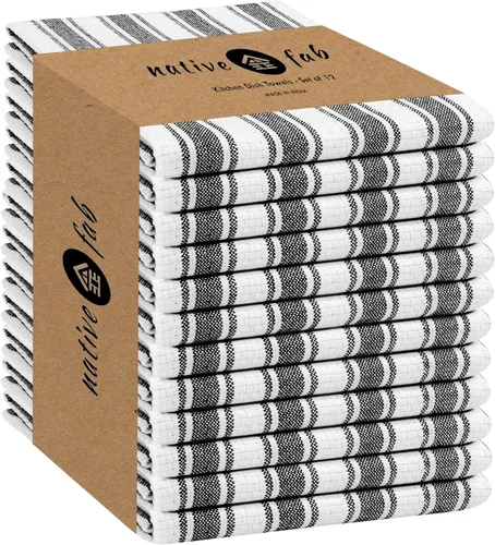 Miniatura 18 de Native Fab Toallas de Cocina a Rayas - 100% Algodón - Paquete de 12 - 16"x26" - Paños de Té a Rayas con Tejido de Cesta, Paños de Cocina para Secar