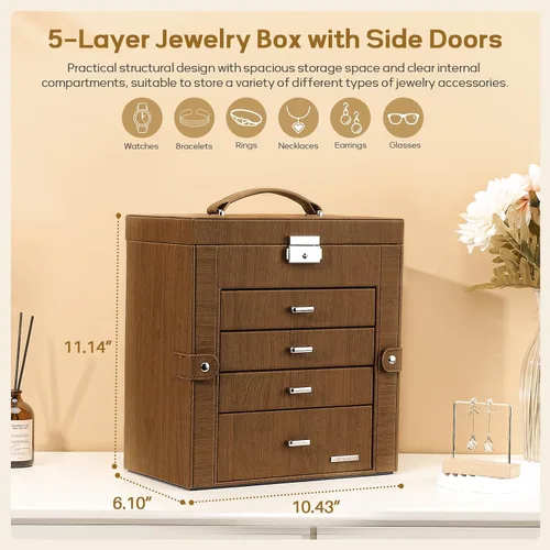 Miniatura 2 de Homde Caja de joyería enorme de cuero sintético, organizador de reloj con espejo, collar, anillo y aretes, caja de regalo con cerradura (marrón)