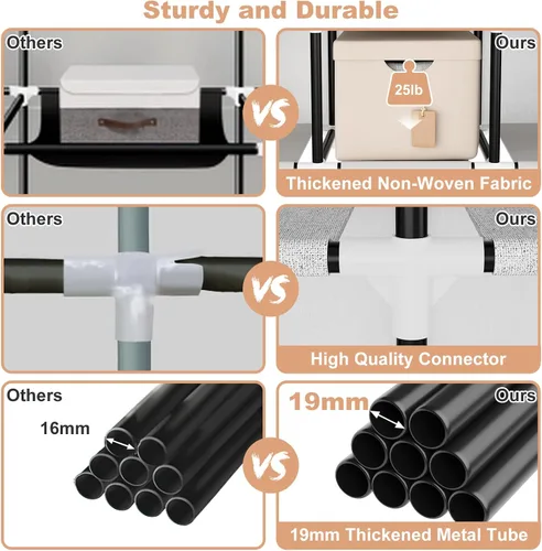 Miniatura 7 de VTRIN Armario portátil para colgar ropa con cubierta, 3 varillas colgantes, 6 estantes de almacenamiento y bolsillo lateral, Tubo de metal