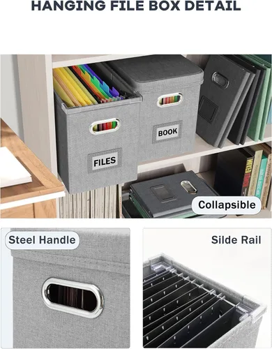 Miniatura 5 de Oterri Caja de archivos colgante con bolsillo de malla, caja organizadora de archivos con tapa, caja organizadora de documentos plegable