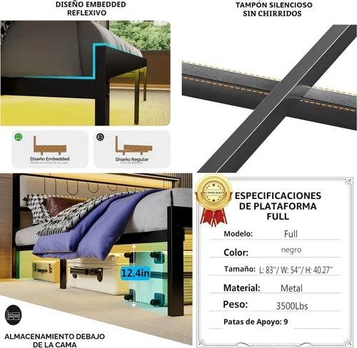 Miniatura 6 de J.Fkne Base de cama matrimonial con estación de carga y luces LED, plataforma de cama de tamaño matrimonial con listones de metal, cabecera tapizada