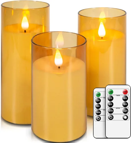 Miniatura 6 de Velas LED de pilar sin llama que funcionan con pilas con control remoto y temporizador, juego de 3 (D: 3 "x H: 5" 6" 7") plexiglás velas Ámbar