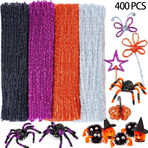 Miniatura 3 de 400 piezas de limpiapipas para Halloween, tallos de felpilla con purpurina, tallos de felpilla para arte creativo, decoración de Halloween, Acción