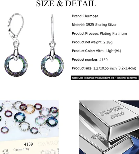 Miniatura 2 de 925 Sterling Silver Circle Earrings with Austria Crystal Leverback Dangle Earrings Hypoallergenic Jewelry for Women Mom
