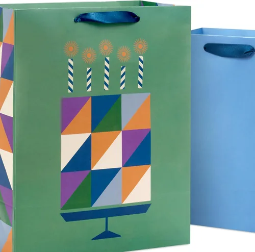 Miniatura 5 de Hallmark Surtido de Bolsas de Regalo Sólidas (8 Bolsas: 4 Medianas 9", 4 Grandes 13") Azul, Verde, Naranja, Cheers, Rayas