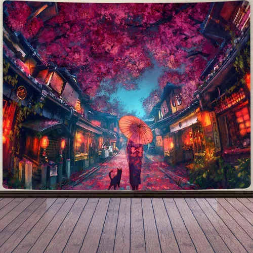 Aidatain Tapiz de anime japonés antiguo japonés de paisaje de calle nocturna, tapiz de farol de flor de cerezo, tapiz grande de 80 x 60 pulgadas,