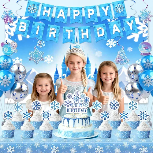 Miniatura 2 de Decoraciones de fiesta de cumpleaños de Frozen, suministros de fiesta de copos de nieve de invierno con pancarta de feliz cumpleaños, telón