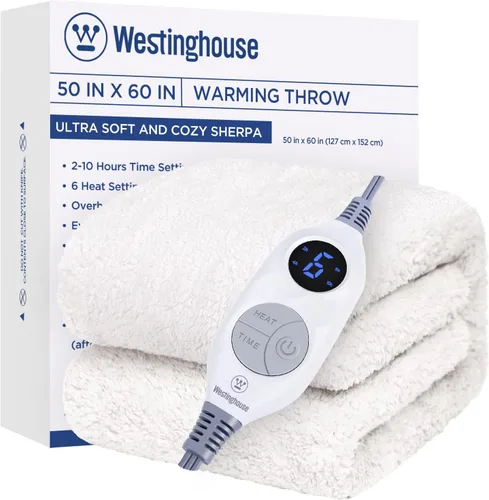 Westinghouse Manta Eléctrica Tamaño Throw, Manta Térmica Sherpa de Felpa Suave con 6 Niveles de Calefacción y Apagado Automático de 2-10 Horas,