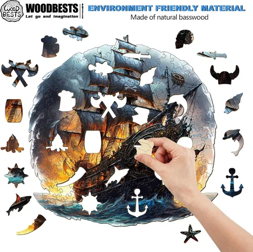 Miniatura 2 de WOODBESTS Rompecabezas de madera para adultos - Barco pirata, rompecabezas de madera de piratas, rompecabezas únicos de madera con animales