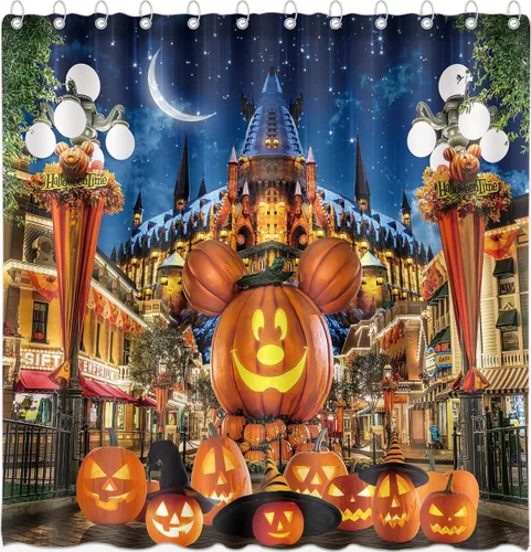 Cortina de ducha de Halloween para baño, niños, caricatura, calabaza, sombrero de mago, luna, castillo, estrella, lámpara de calle, decoración de