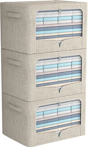 Miniatura 14 de FHSQX Paquete de 3 contenedores de almacenamiento de ropa, caja de almacenamiento plegable con marco de metal, juego organizador apilable de tela