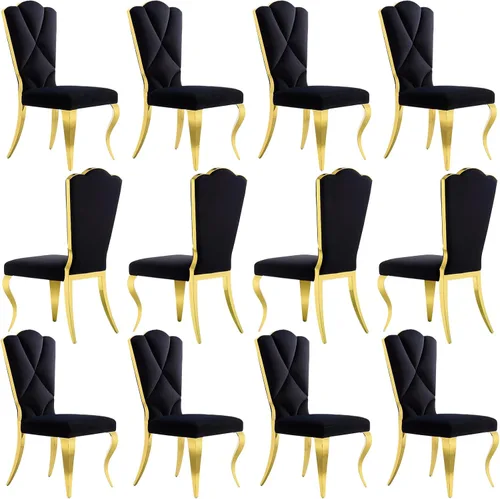 Miniatura 16 de Juego de 2 sillas de comedor de terciopelo negro y dorado, sillas de cocina tapizadas con respaldo alto con patas de acero inoxidable pulido, sillas