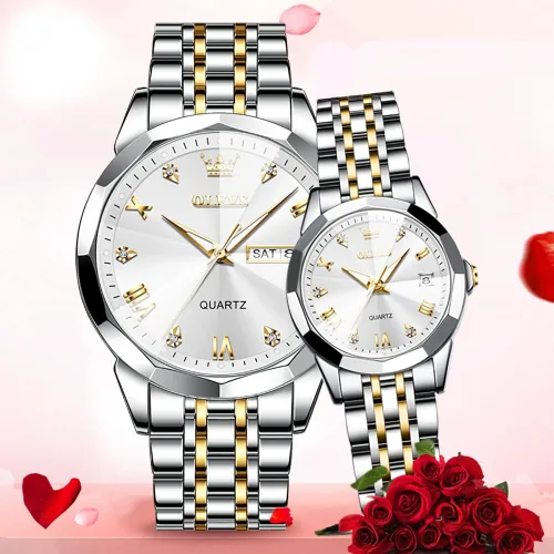 Miniatura 39 de OLEVS Reloj para parejas para él y ella, reloj analógico de cuarzo para hombres y mujeres, de acero inoxidable, impermeable, luminoso, fecha, reloj