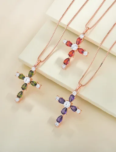 Miniatura 25 de YL Collar de cruz de plata de ley 925 con colgante de piedra natal religiosa para mujer