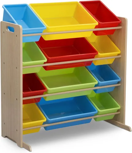 Delta Children Organizador de almacenamiento de juguetes para niños con 12 contenedores de plástico, certificado Greenguard Gold, natural/primario