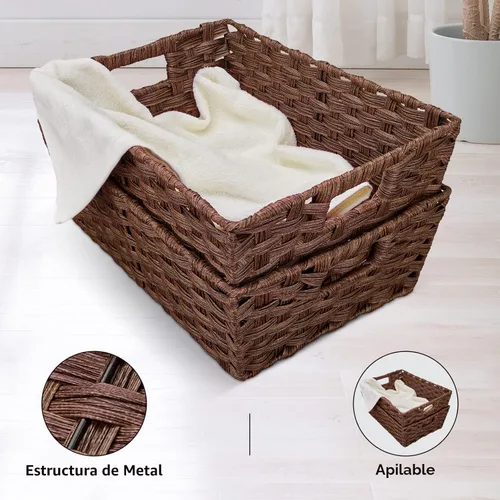 Miniatura 5 de Onlytak Cesta grande de almacenamiento de mimbre, marco de metal, juego de 2, lavable impermeable, 15 x 10.3 x 5.2 pulgadas, color marrón, cesta