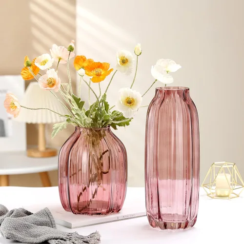 Miniatura 5 de Florero grande de cristal rosa acanalado – Jarrón decorativo de piso de 12.0 pulgadas para centros de mesa del hogar y casa de campo B Estilo-rosa