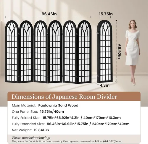 Miniatura 5 de Divisor de habitación japonés de 6 paneles, 94.5 pulgadas de ancho x 66.9 pulgadas de alto, pantalla de privacidad plegable estilo Shoji, divisor