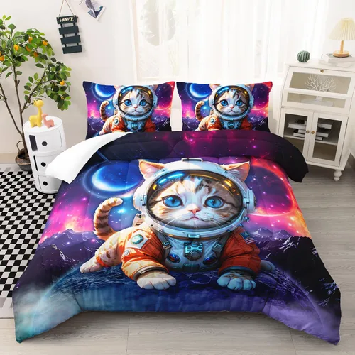 AILONEN Juego de edredón de gato astronauta, tamaño individual, hermoso juego de ropa de cama cósmico estrellado para dormitorio, juego de edredón