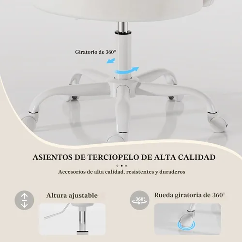 Miniatura 7 de Silla de tocador de terciopelo con ruedas, silla giratoria de maquillaje de altura ajustable, silla de escritorio pequeña sin brazos para Blanco
