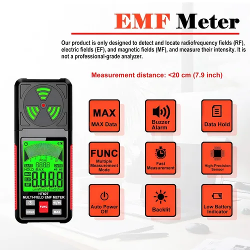 Miniatura 2 de Medidor EMF, detector de radiación de campo electromagnético portátil 3 en 1, probador EMF de mano para EF, RF, MF, señal WiFi, detector