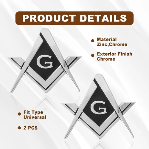 Miniatura 7 de 2 piezas de emblema de automóvil masónico 7 cm de compás auto camión metal adhesivo, escuadra masónica auto motocicleta regalo accesorios
