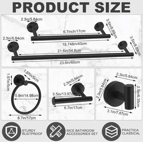 Miniatura 2 de Gisafai Juego de 15 accesorios de baño negro mate, toalleros negros para baño, acero inoxidable Sus304 de 23.6 pulgadas, soporte para papel