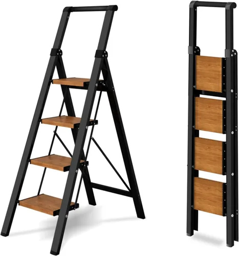 Miniatura 9 de Escalera de 3 escalones, taburete plegable con pedal ancho de aluminio y cómodo agarre, escalera de acero de capacidad de 330 libras para el hogar