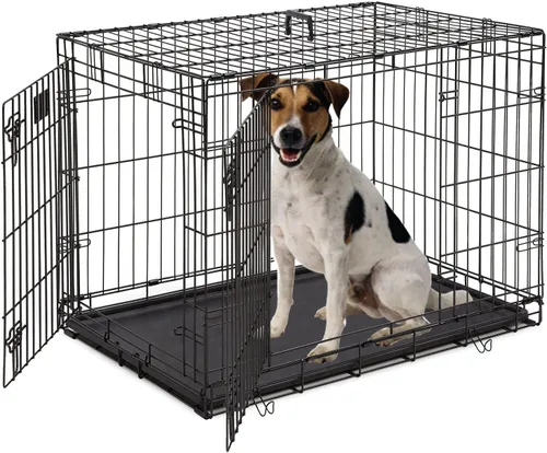 Dopinmin Jaula grande para perros de 42 pulgadas, jaula de doble puerta para mascotas, jaula plegable de alambre de metal con panel divisor, bandeja