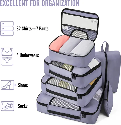 Miniatura 5 de Veken Juego de 8 cubos de embalaje para artículos esenciales de viaje, bolsas organizadoras de maleta en 4 tamaños, accesorios de equipaje de mano