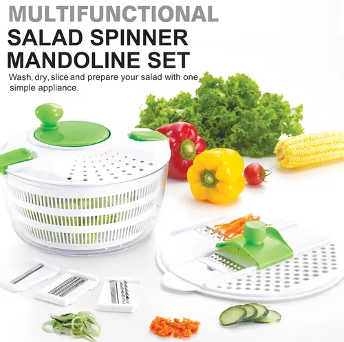 Miniatura 7 de Huji Molinillo de ensalada grande multifuncional (4 cuartos de galón) y juego de mandolina - Cortador de 5 cuchillas, escurridor, lanzador, secadora