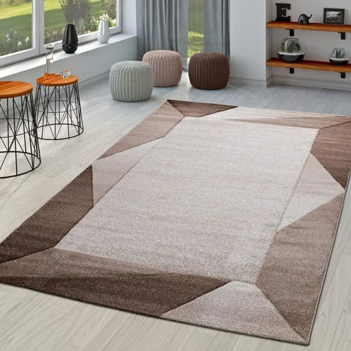 Miniatura 6 de Alfombra moderna con bordes geométricos en marrón beige con corte de contorno, tamaño: 5'3" x 7'7