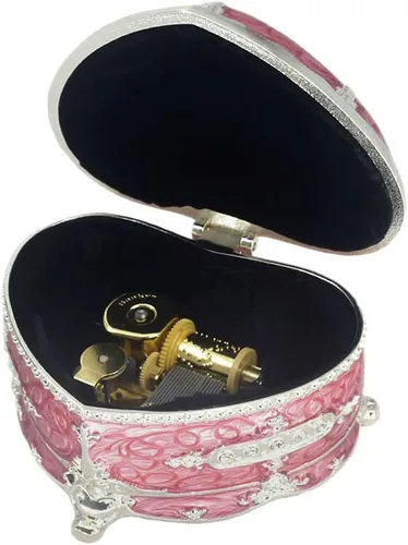 Miniatura 8 de ROSIKING Caja de música de aleación de metal en relieve en forma de corazón azul, caja musical antigua para joyería con cuerda, regalos