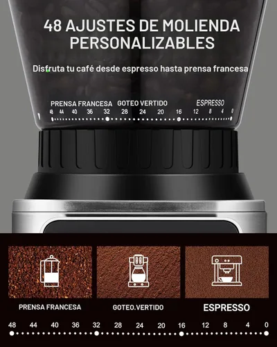 Miniatura 4 de AMZCHEF Molinillo de Café, Molinillo de Granos de Café con Rebaba para Uso Doméstico con 48 Configuraciones de Molienda Precisas, Embudo Desmontable