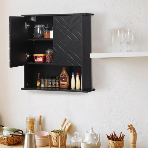 Miniatura 5 de GAOMON Botiquín con dos puertas, armario de almacenamiento de madera para baño montado en la pared con estante ajustable y toallero, gabinete de 2